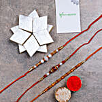 Set Of 3 Designer Rakhis And Kaju Katli Box
