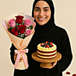 Pink and Red Roses with Red Velvet Cake