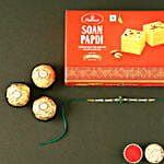 Sneh Fancy Green Rakhi with 3 Pcs Ferrero Rocher and Soan Papdi
