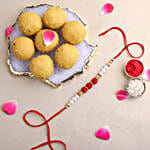 White Pearl And Velvet Beads Rakhi with 500 grams Besan Ladoo