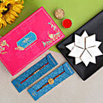 Pearl And Mauli Rakhi With Peacock Feather Bansuri Rakhi With 340 Gms Kaju Katli