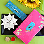 Sea Blue Pearl Designer Rakhi And Kaju Katli