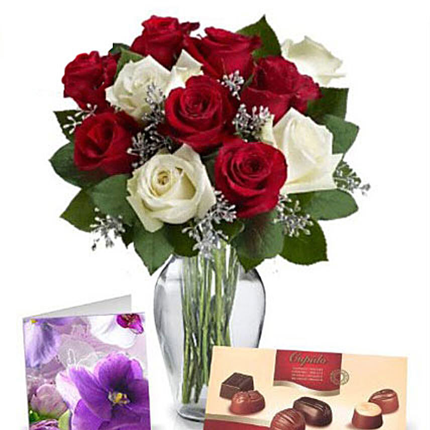 Red N White Roses With Chocolates