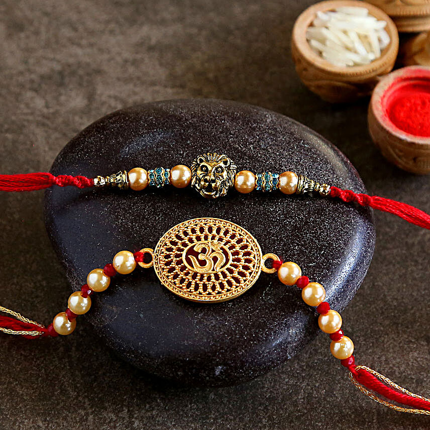 Lion Face And Auspicious Om Pearl Rakhi:Rakhi Gifts for Brother in Australia
