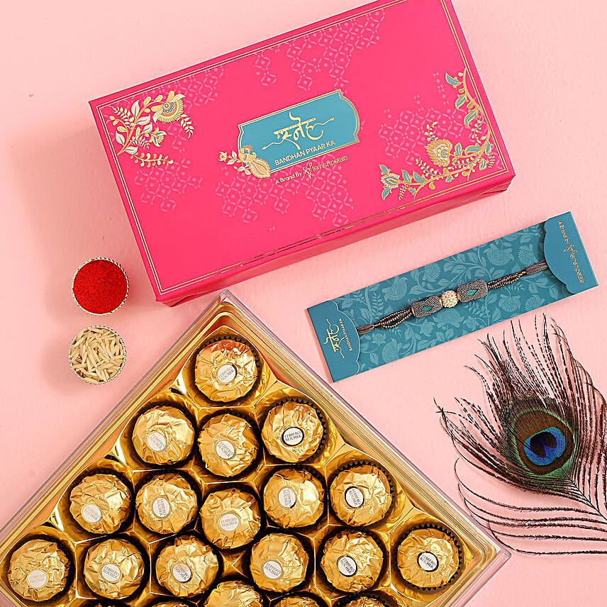 Pearl Stone Traditional Rakhi And 16 Pcs Ferrero Rocher