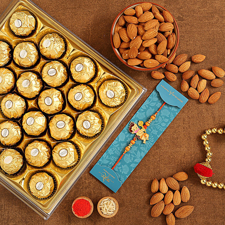 Bal Hanuman Rakhi And Almonds With Ferrero Rocher:Devotional Rakhi to Australia