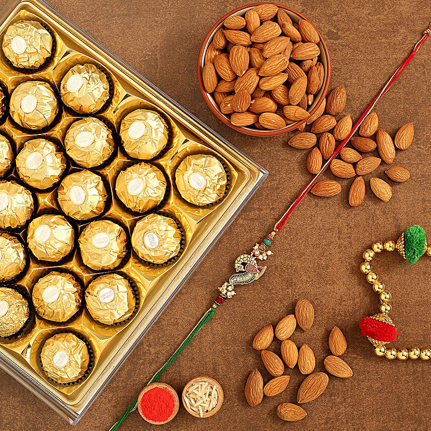Peacock Designer Rakhi And Almonds With Ferrero Rocher:Send Ethnic Rakhi to Australia
