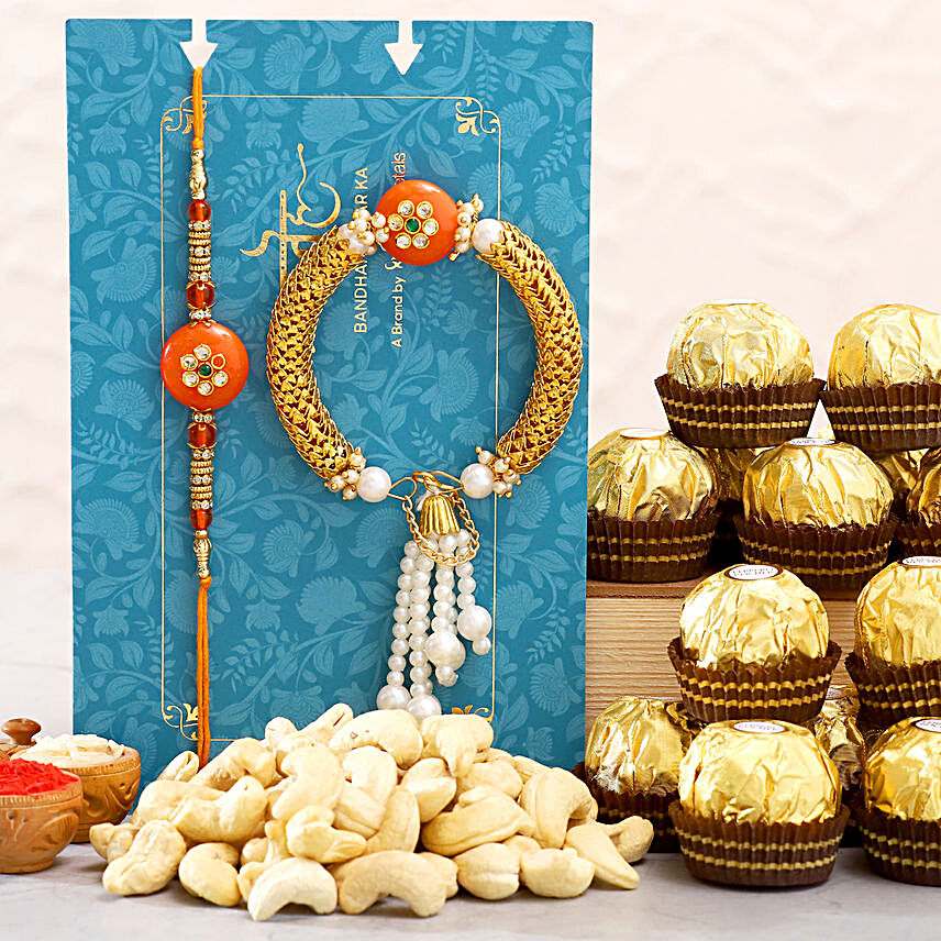 Pearl Lumba Rakhi Set And Cashew With 16 Pcs Ferrero Rocher:Send Rakhi to Australia