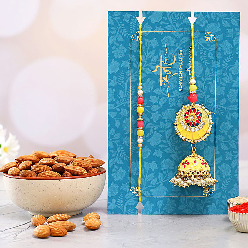 Jhumki Style Pearl Lumba Rakhi Set With Healthy Almonds