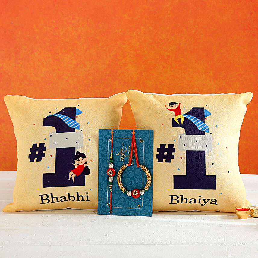 Orange Lumba Rakhi Set And 2 Bhaiya Bhabhi Cushions:Designer Rakhi to Australia