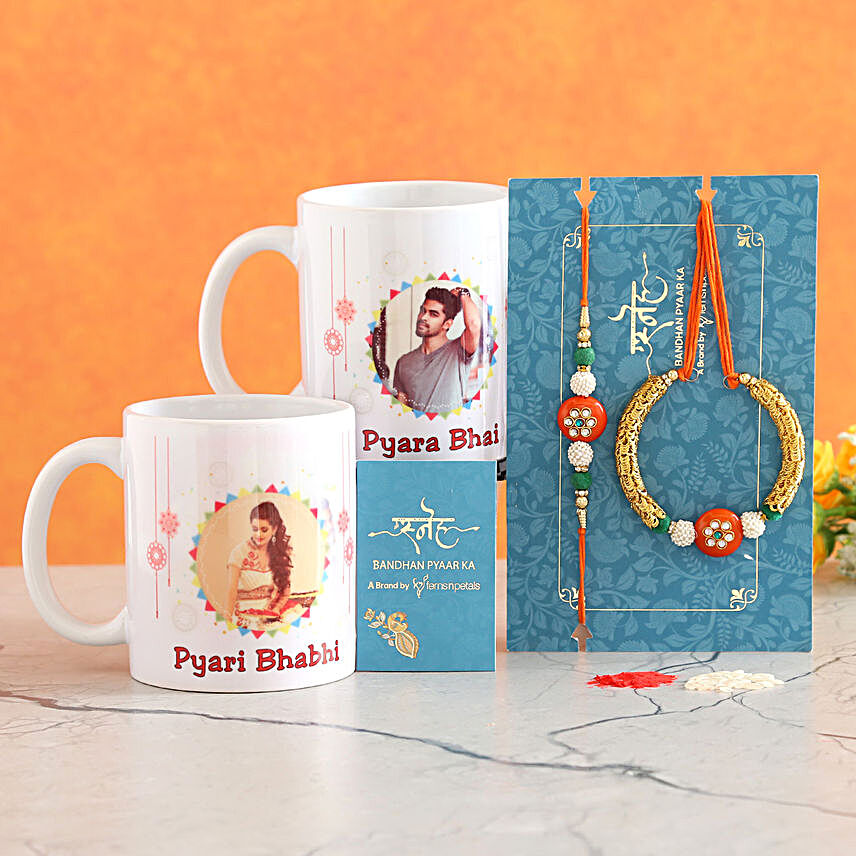 Orange Lumba Set And 2 Personalised Mugs Combo:Pearl Rakhi to Australia