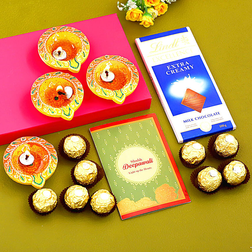 Happy Diwali Diyas With Greeting Card & Chocolates