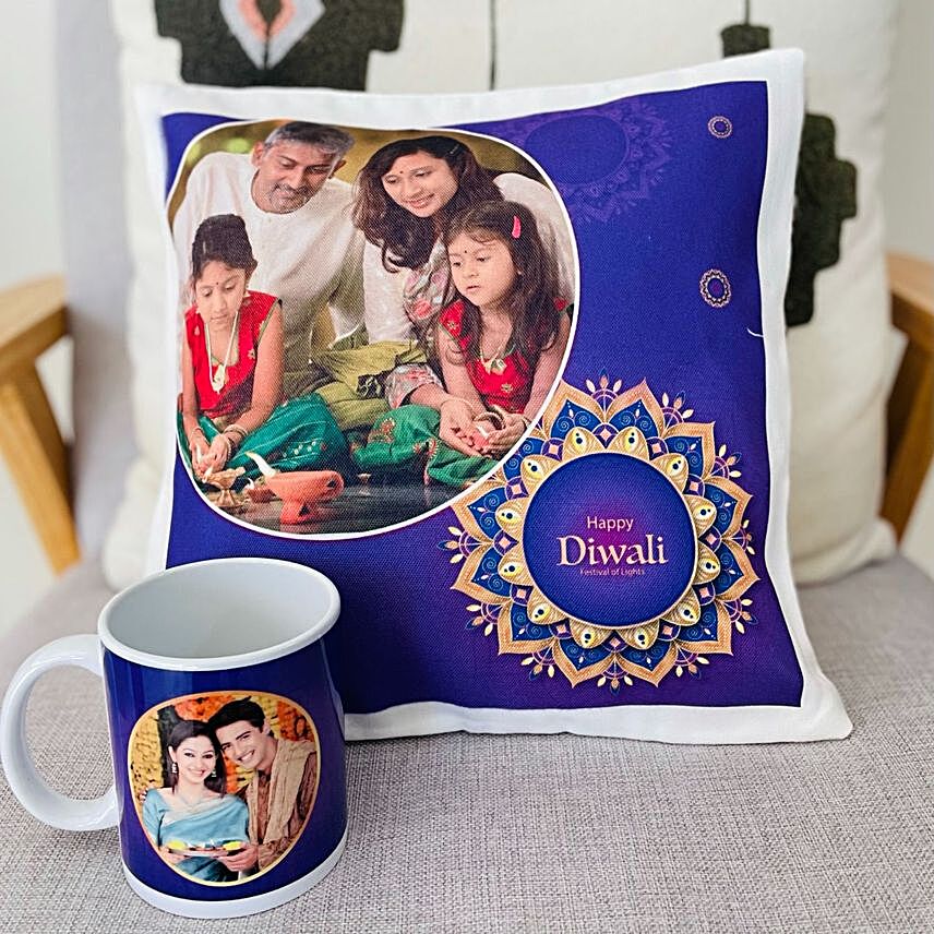 Happy Diwali Personalised Mug And Cushion Combo