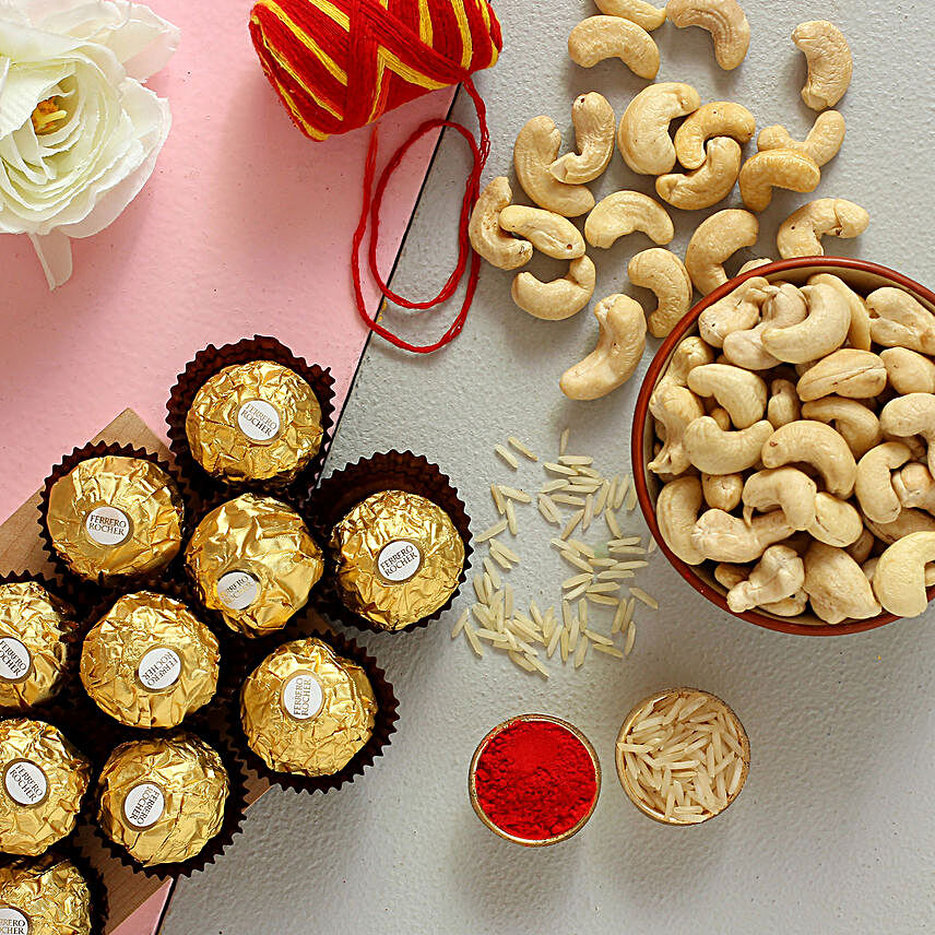 Bhai Dooj Celebration Ferrero Rocher And Cashews Combo:Send Bhai Dooj Dry Fruits To Australia