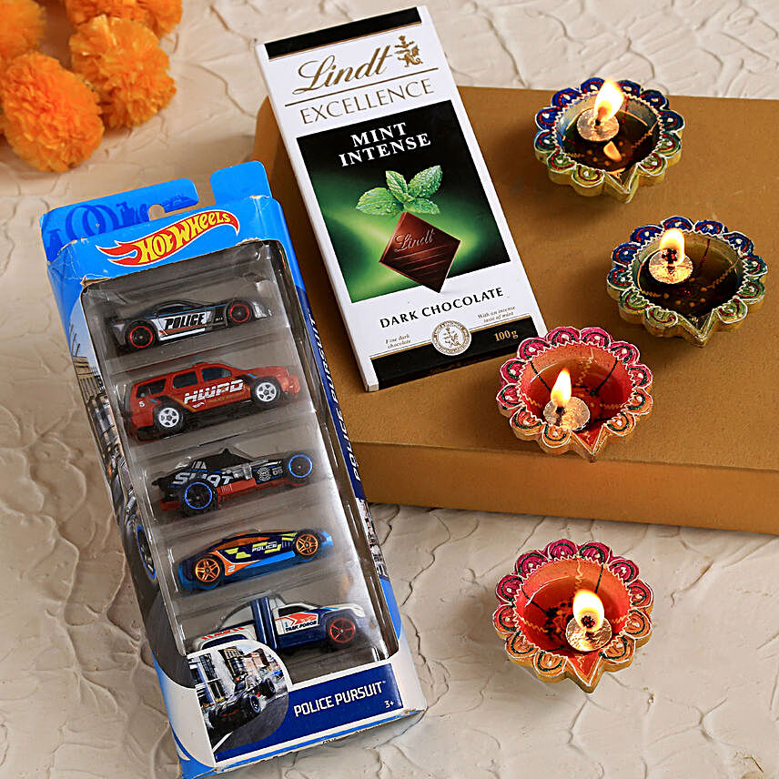 Colourful Diyas With Hot Wheels Set And Lindt Mint Intense