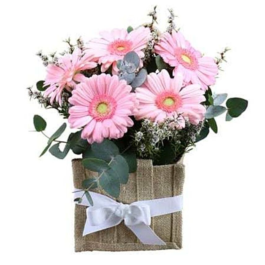 Gracious Pink Gerberas Hessian Bag:Send Flowers to Australia