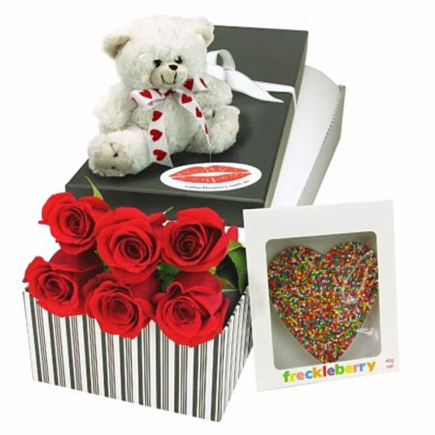 Red Roses Box With Teddy And Chocolates