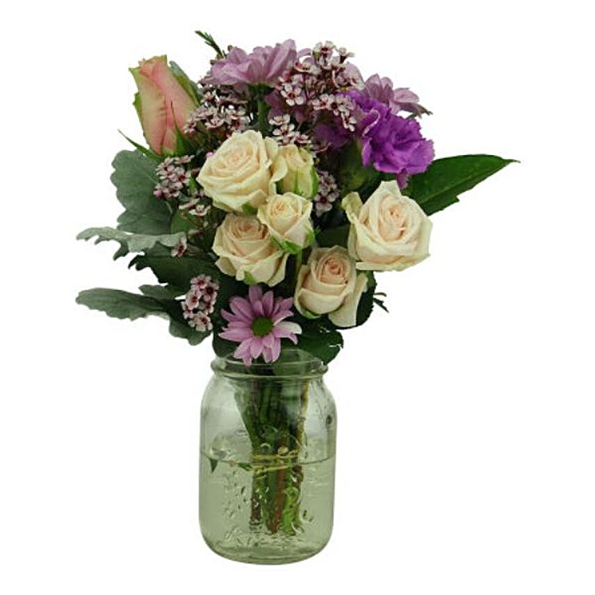 Roses And Chrysanthemum Daisies Mason Jar:Rose Day Gift Delivery in Australia