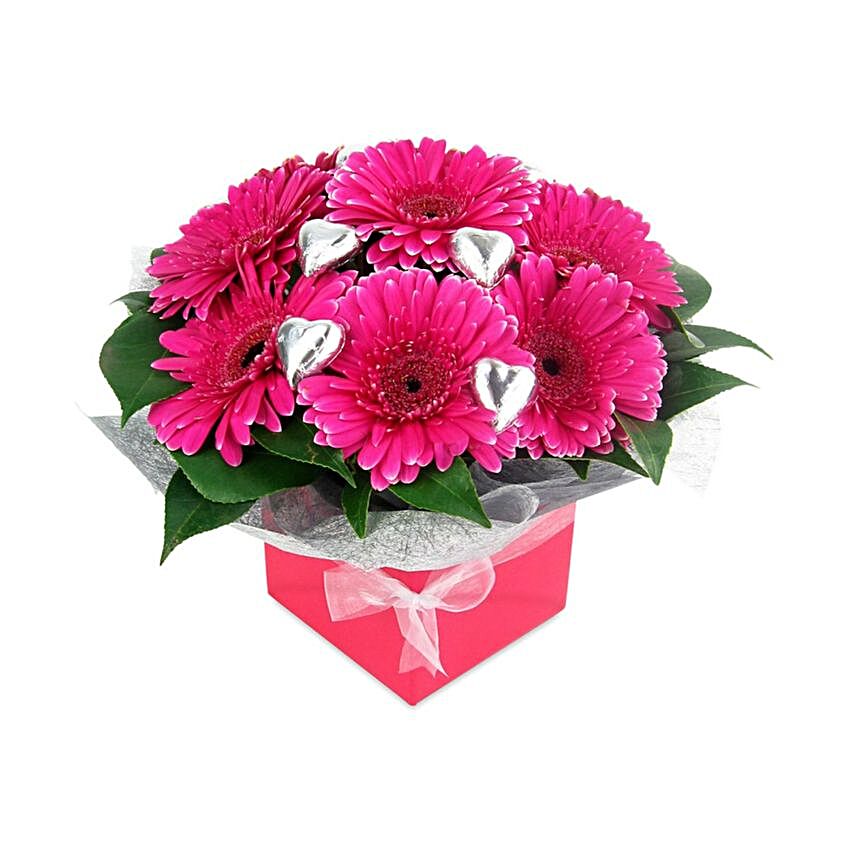 Charismatic Gerberas Box And Heart Shaped Chocolates:Flowers and Chocolates Delivery in Australia