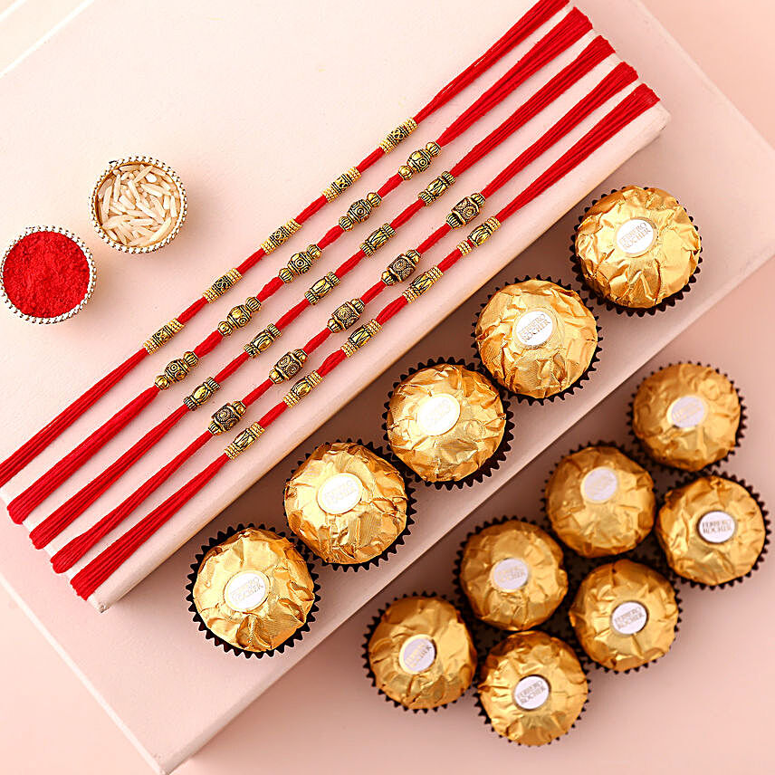 Sneh Brass Rakhi Set & Ferrero Rocher Box:Rakhi with Chocolates to Australia