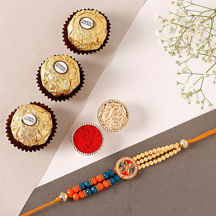 Sneh Designer Peach Rakhi & Ferrero Rocher:Rakhi and Chocolates to Australia