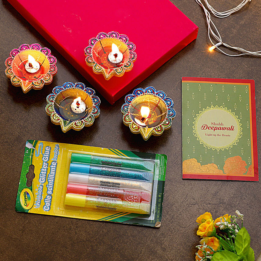 Diwali Diyas With Greeting Card And Glitter Crayons