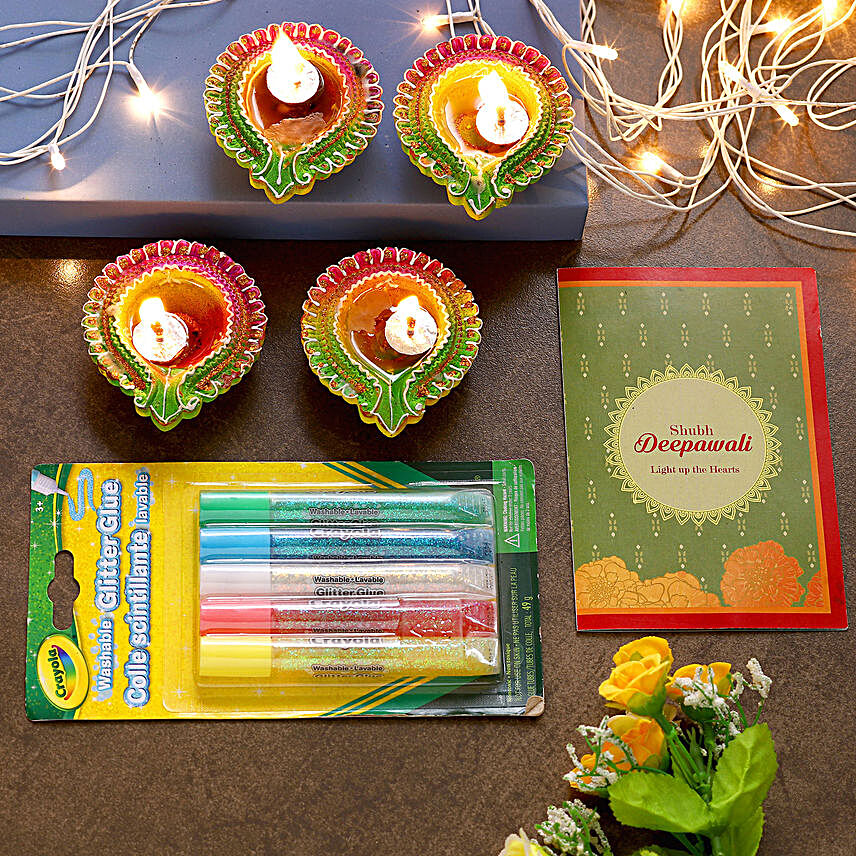 Floral Diyas With Greeting Card And Glitter Crayons