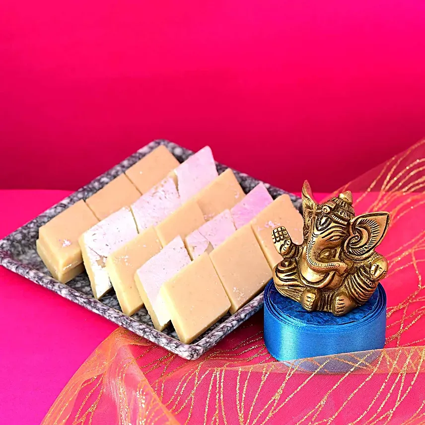 Artisanal Lord Ganesha Idol N Kaju Katli Combo