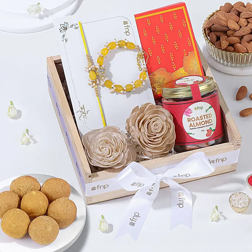 Designer Pearl Rakhi Hamper with Ladoo N Almonds
