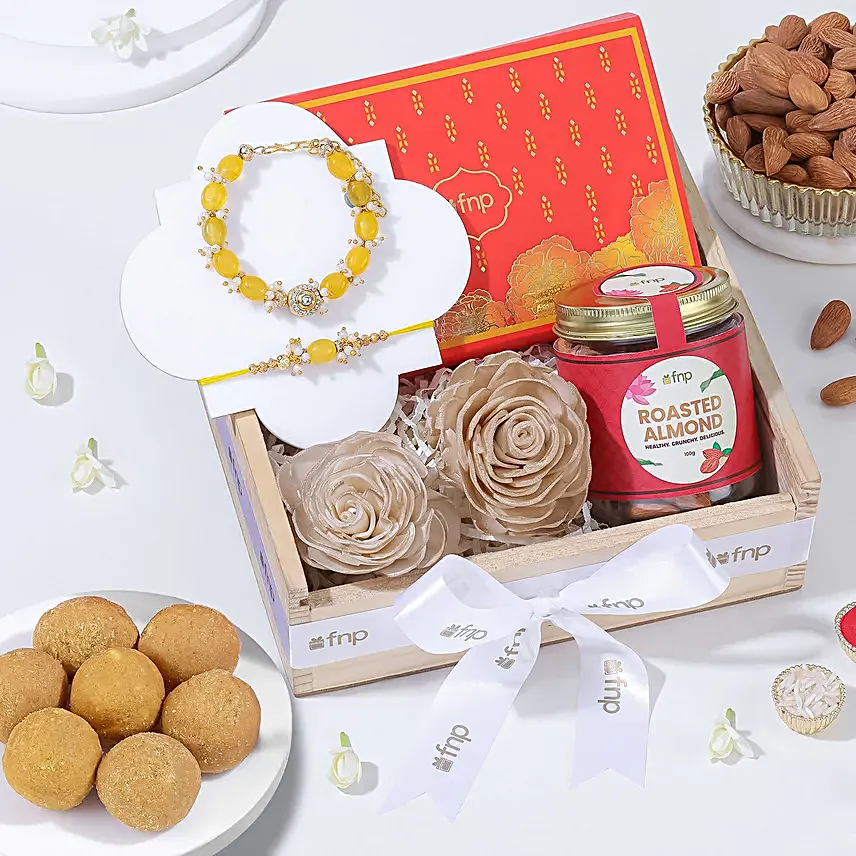 Designer Pearl Rakhi Hamper with Ladoo N Almonds