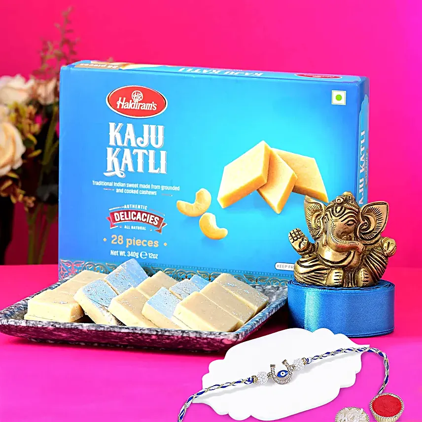 Artisanal Lord Ganesha Idol N Kaju Katli Combo for Bhai