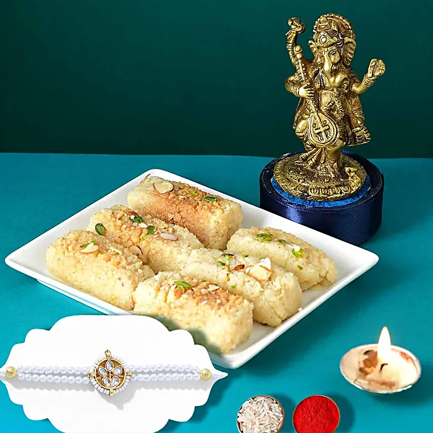 Handcrafted Musical Ganesha Idol N Milk Cake for Bhai