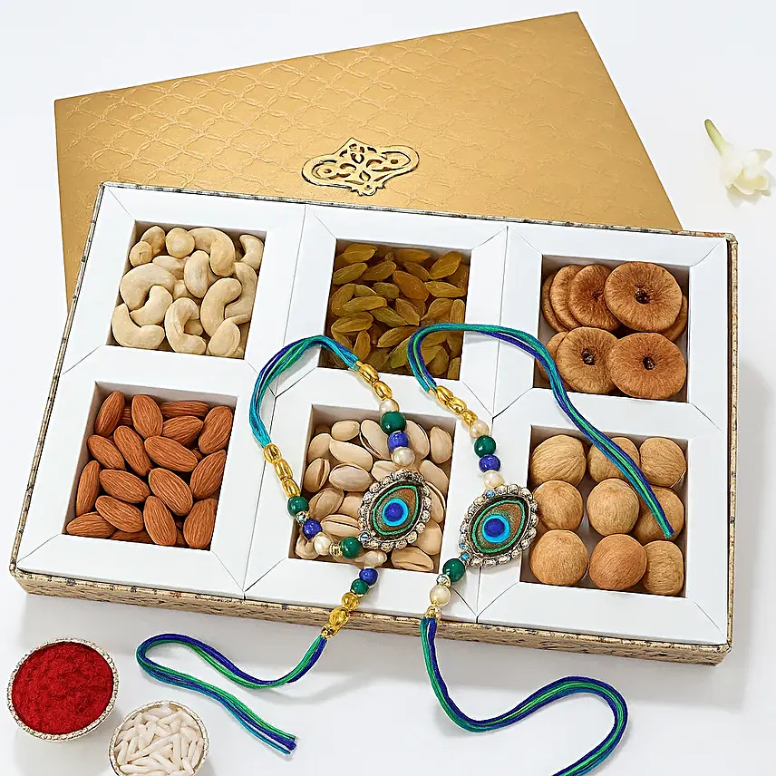 Peacock Bhaiya Bhabhi Rakhi Set with Dry Fruit Tray