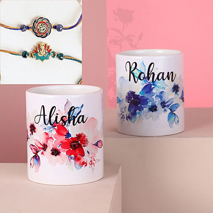 Devotional Set Of 2 Rakhi With 2 Personalised Mug
