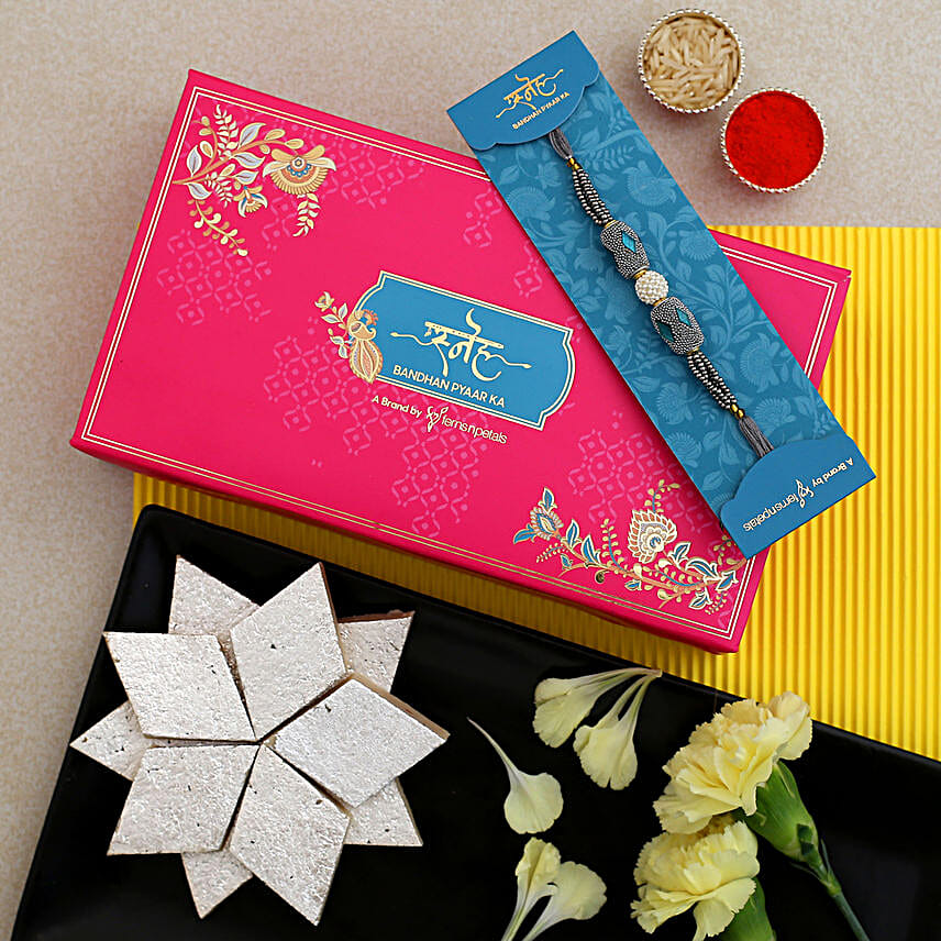 Pearl And Stone Traditional Rakhi With 340 Gms Kaju Katli