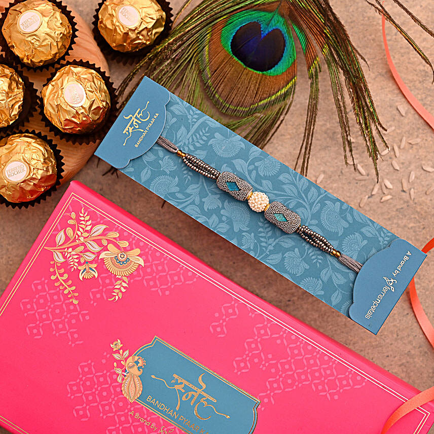 Pearl Stone Traditional Rakhi And 3 Pcs Ferrero Rocher
