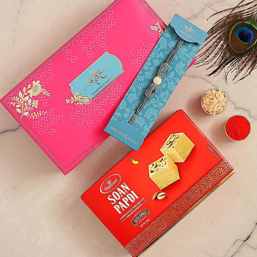 Pearl Stone Traditional Rakhi And Soan Papdi