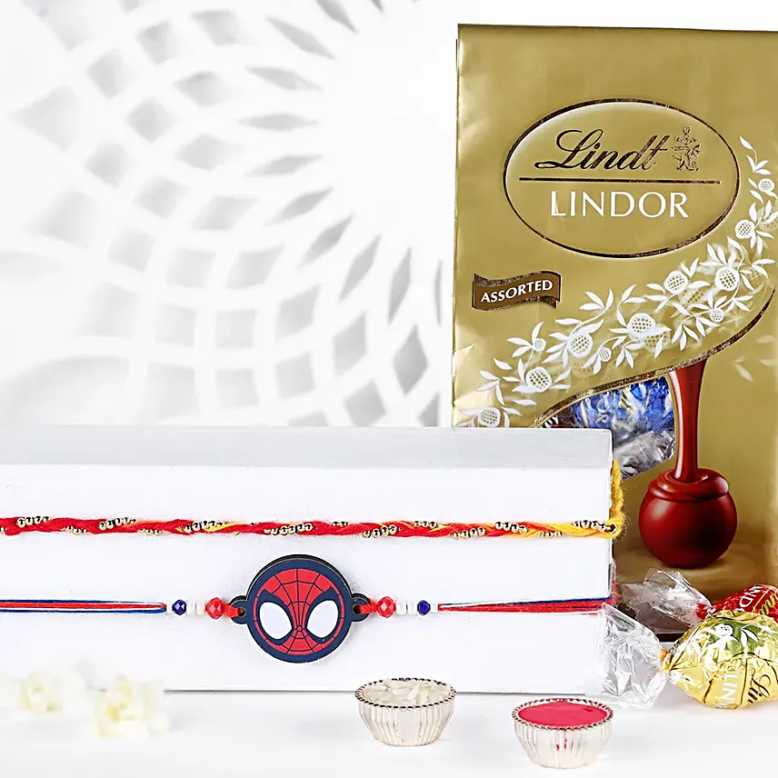 Spiderman Mask N Mauli Dhaga Rakhi Set With Lindt Pack