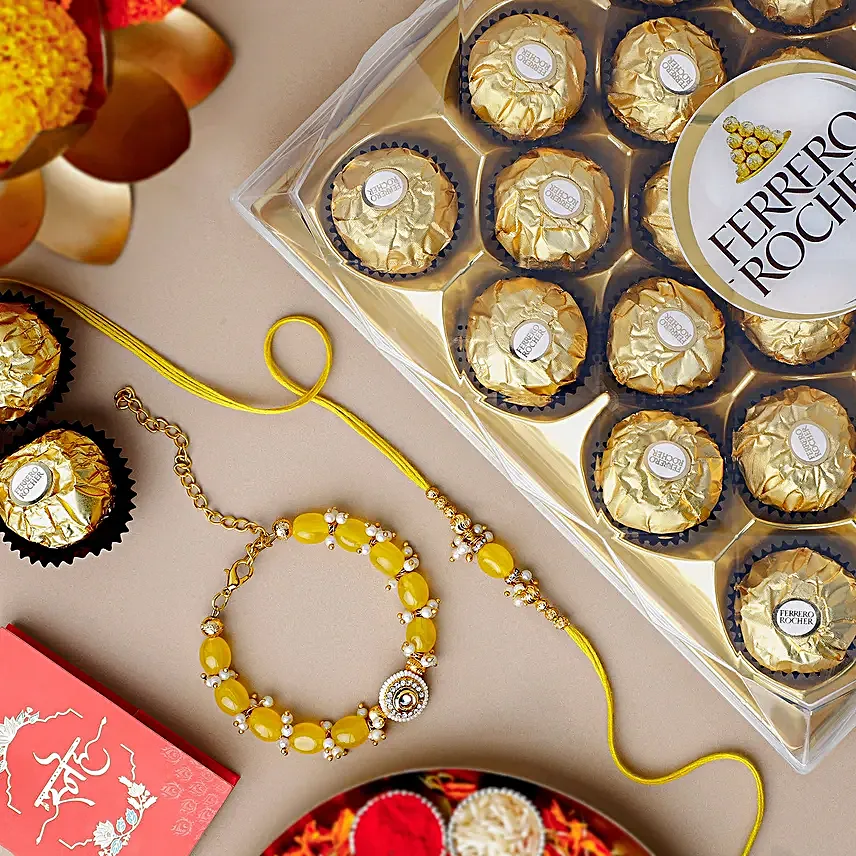 Sun Kissed Stone Work Lumba Pearl Rakhi Duo N Ferrero Rocher Gift Set