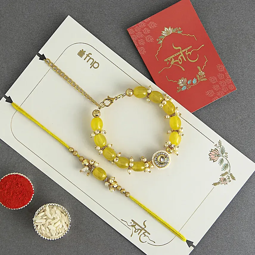 Sun Kissed Stone Work Lumba Pearl Rakhi Duo N Ferrero Rocher Gift Set