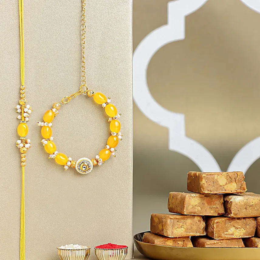 Sunkissed Stone Work Lumba Pearl Rakhi Combo Sweet Treats