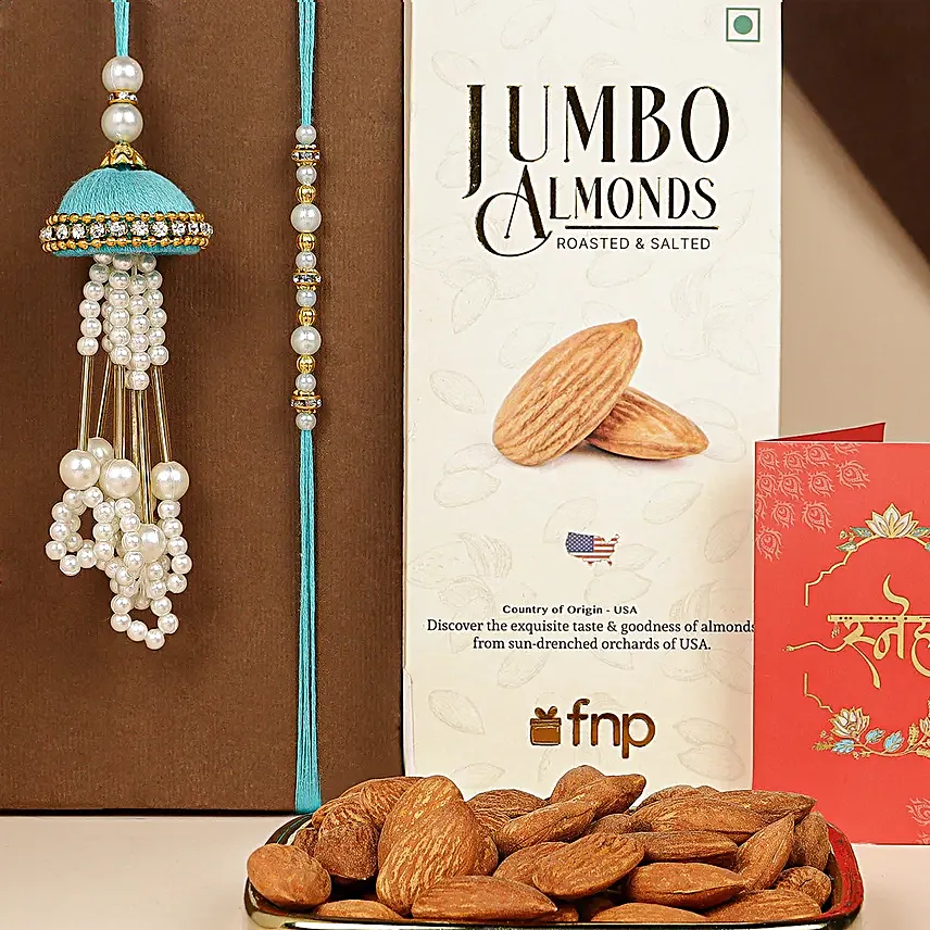 Tranquil Teal Jhumar Bhaiya Bhabhi Pearl Rakhi Set With Almonds