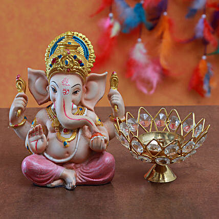 Combo Of Ganesha Idol And Lotus Akhand Jyoti Diya
