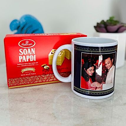 Bhai Dooj Personalised Mug With Soan Papdi:Send Bhai Dooj Sweets To Australia