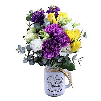 Yellow And Purple Mixed Flowers Mason Jar:Sympathy N Funeral Flowers to Australia