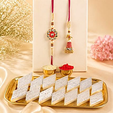 Unisex Kundan Gold Plated Rakhi Set For Brother & Bhabhi - Traditional Indian Festival Rakhi (Set Of 6)