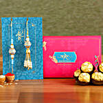 Blue Orb Pearl And Lumba Rakhi Set With 3 Pcs Ferrero Rocher