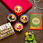 Designer Diwali Diyas With Greeting Card And Kaju Katli