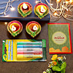 Floral Diyas With Greeting Card And Glitter Crayons