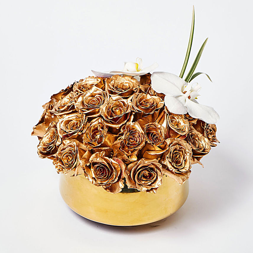Delightful Gold Roses N Phalaenopsis Vase Arrangement:Christmas Gifts to Bahrain